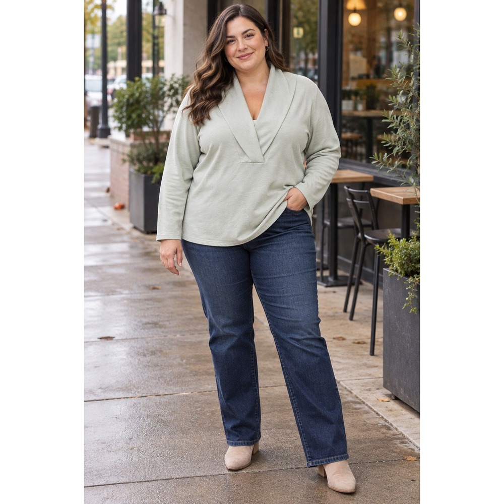 LIVI 22/24 Light Sage Green Shawl Neck Long Sleeve Pullover Top Soft Cozy Fall